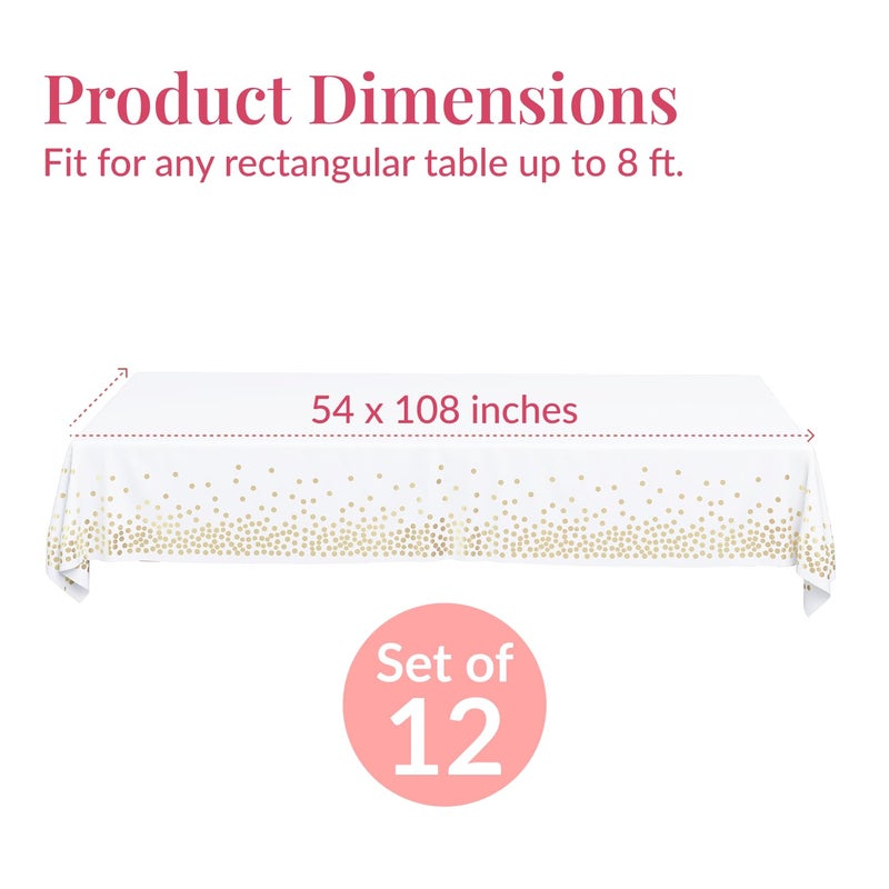 Prestee 12-Pack White and Gold Tablecloth - 54x108 Inch - Disposable Table Covers for Party, Weddings, and Holidays - Waterproof Christmas Tablecloth, Stain-Resistant Plastic Table Cover Set - Image 3